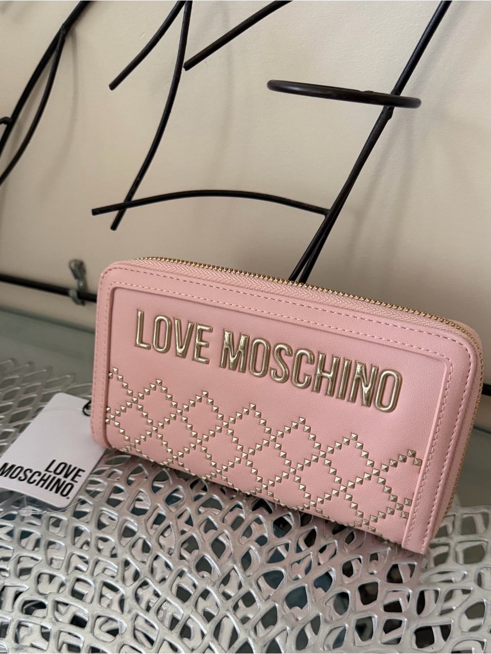 Love Moschino Portafogli Pu Rosa Pink Zip Around Wallet Gold Stud NWT